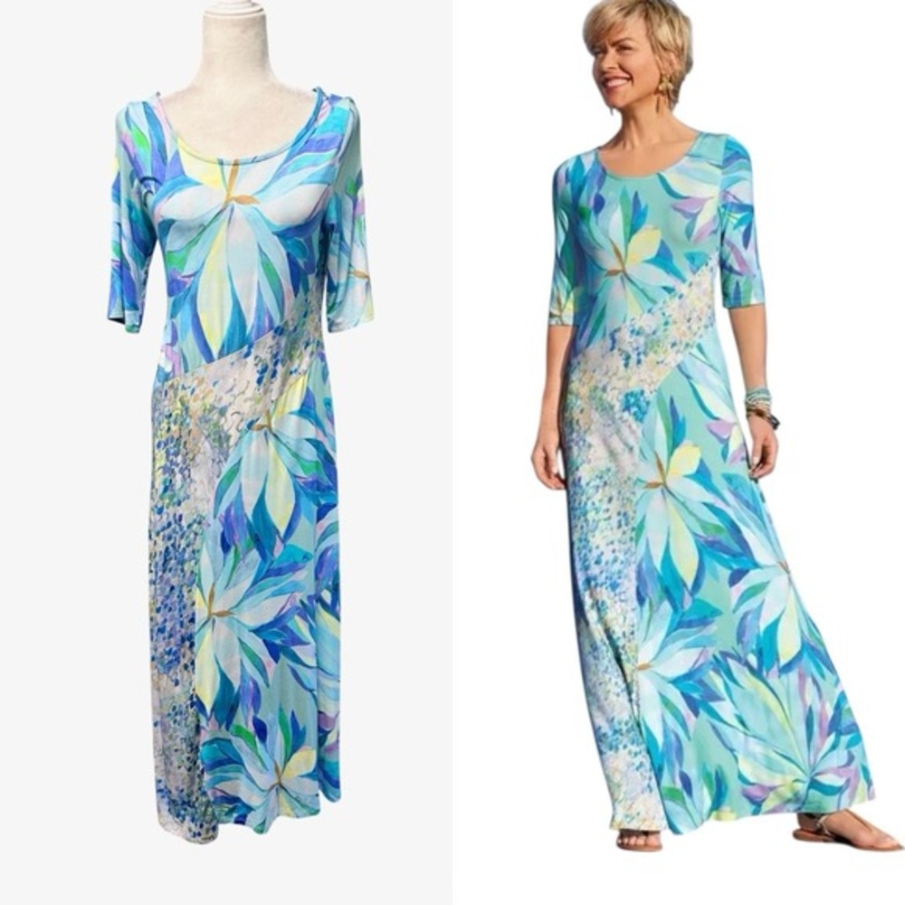 Soft Surroundings Dress Womens Sz M P Maxi Floral Half‎ Sleeve Scoop Neck Cruise